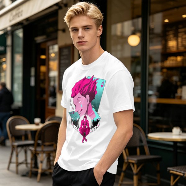 Olive T-shirt with Hisoka Anime Character and Ace of Hearts Print