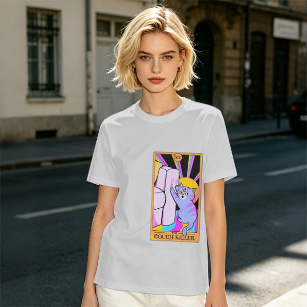 Olive green t-shirt with three-eyed cat couch killer tarot-style graphic
