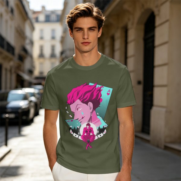 Olive T-shirt with Hisoka Anime Character and Ace of Hearts Print