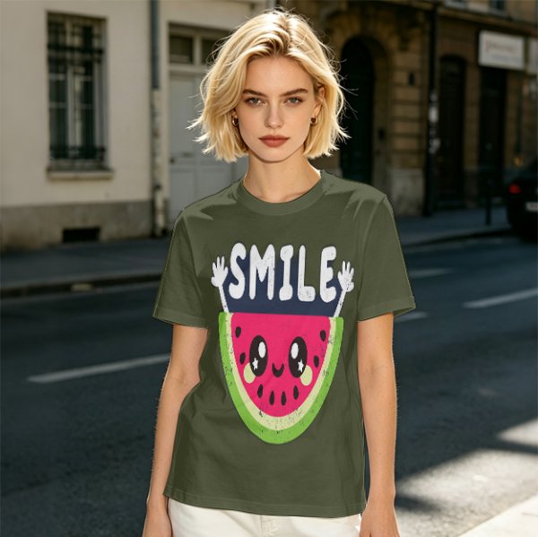 Olive T-Shirt With Cute Watermelon Graphic And Smile Text