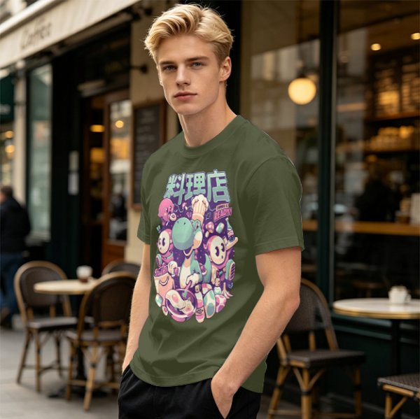 Olive t-shirt with dinosaur chef and cute character cooking graphic