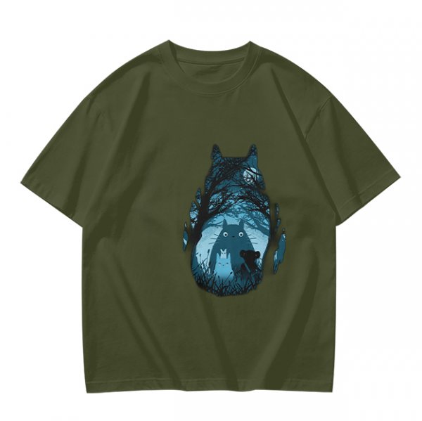Olive T-shirt with Totoro Forest Silhouette Graphic Print