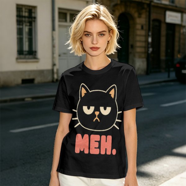 Olive T-Shirt With Grumpy Black Cat Meh Graphic Print