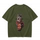Olive t-shirt with a cartoon cat and coffee cup graphic