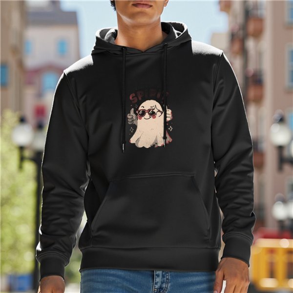 Black Hoodie With Cool Thumbs Up Ghost Graphic Print