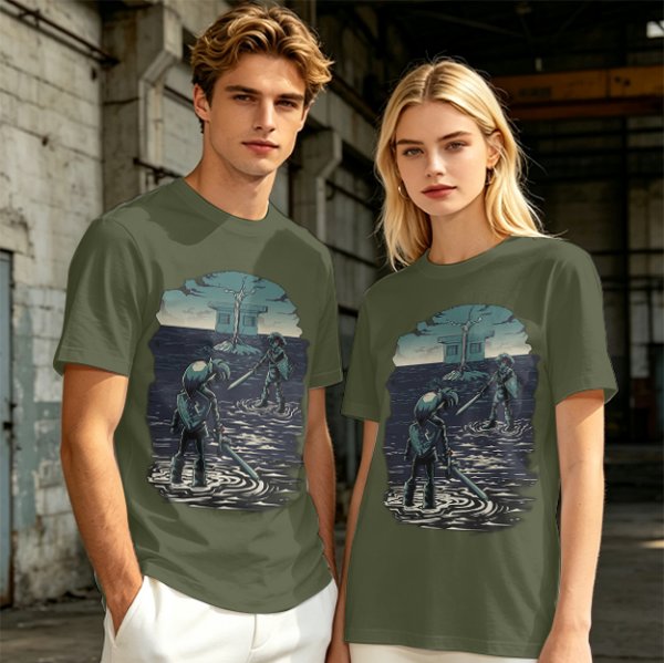 Olive T-shirt with two warriors standing in water holding swords