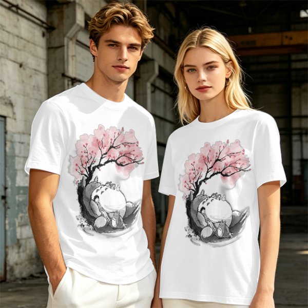 Olive T-shirt with Totoro and Cherry Blossom Tree Art Print