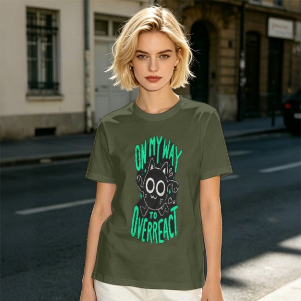 Oversized Olive T-Shirt With 'On My Way To Overreact' Cat Graphic
