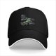 Black baseball cap with a green frog bench pressing weight design
