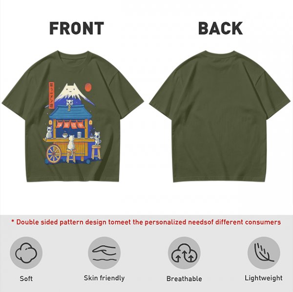 Olive t-shirt with cat ramen stall and Mount Fuji graphic