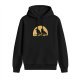 Black hoodie with two crows on branch against yellow semicircle graphic