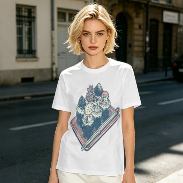 Olive T-Shirt With Sushi Themed Character Art Print
