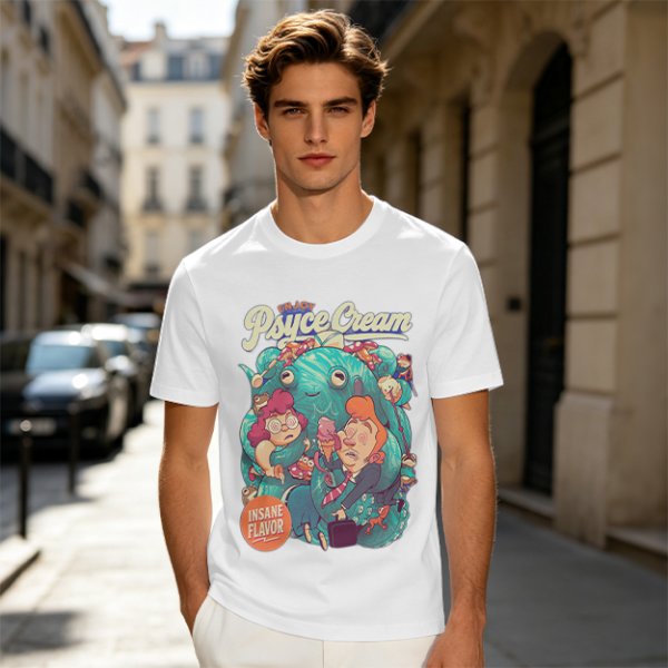 Psyce Cream Insane Flavor Graphic Tee with Whimsical Monster and Characters