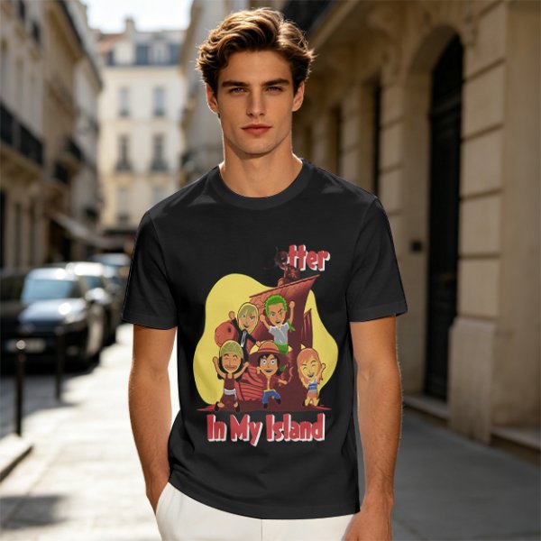 Olive T-Shirt With One Piece Anime Crew 'In My Island' Print