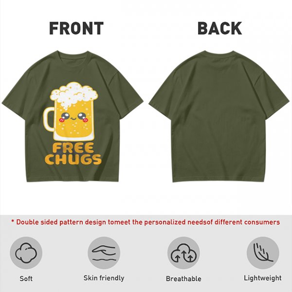 Olive Green T-Shirt With Cute Kawaii Beer Mug Free Chugs Print