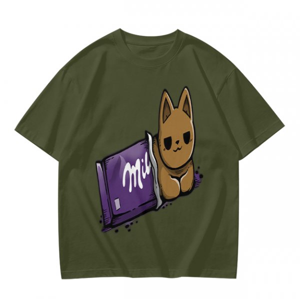 Olive T-shirt with a cartoon cat emerging from a purple chocolate wrapper print