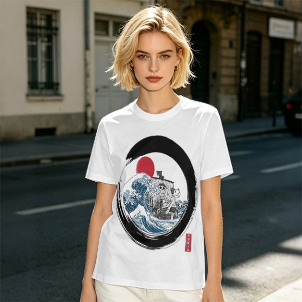 Olive T-shirt with Great Wave Enso Circle and Red Sun Print