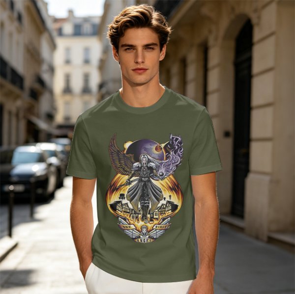 Olive T-shirt with dark fantasy winged warrior graphic print