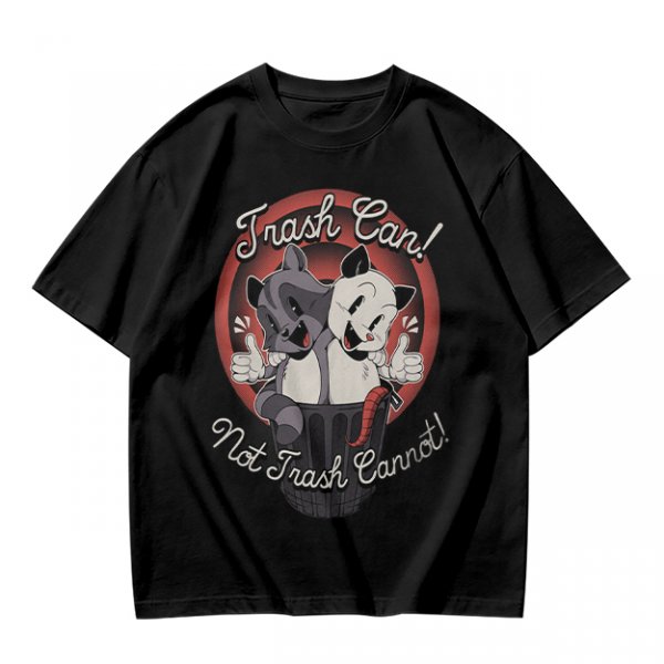 Olive t-shirt with retro cartoon raccoon and dog trash can print