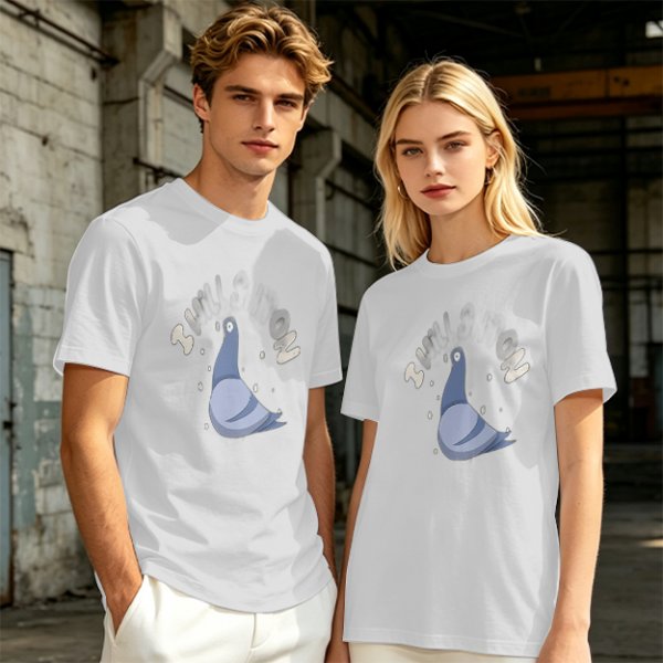 Olive green graphic t-shirt with cartoon pigeon print