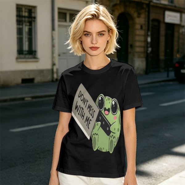 Olive t-shirt with cute frog holding knife and 'Don't mess with me' text