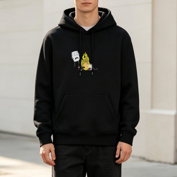 Black hoodie with cartoon burnt marshmallow and flaming match graphic