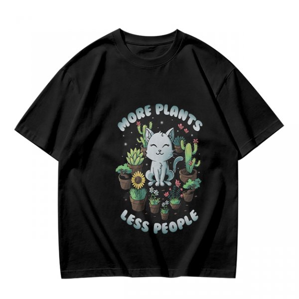 Olive T-shirt with 'More Plants Less People' Cat and Succulent Print