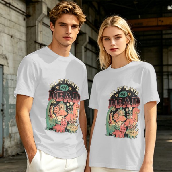 Olive graphic t-shirt with 'All My Plants Are Dead' dinosaur print