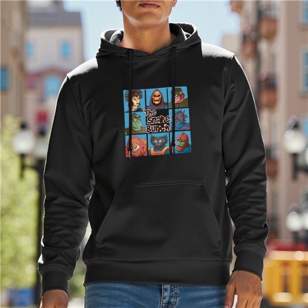Black hoodie with Snake Bunch Masters of the Universe villain character grid print