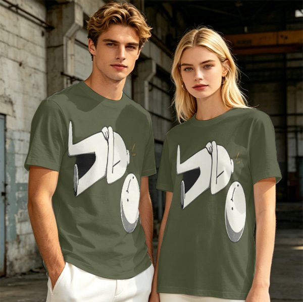 Olive T-Shirt With Surprised Cartoon Figure And Separate Face Print