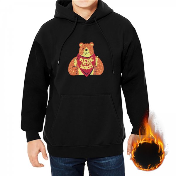 Black hoodie with a bear graphic that says Here for the Snacks