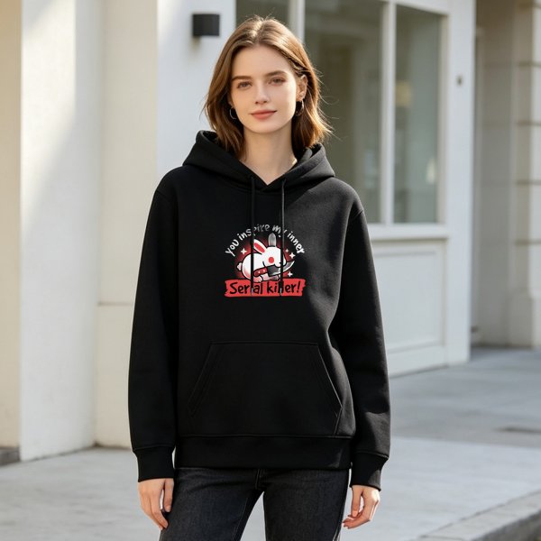 Black hoodie with cute serial killer bunny graphic and text