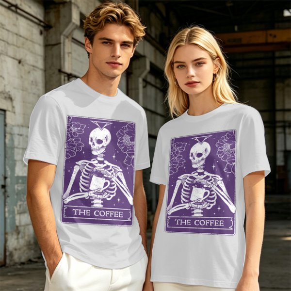 Olive T-Shirt With Skeleton Tarot Card 'The Coffee' Print
