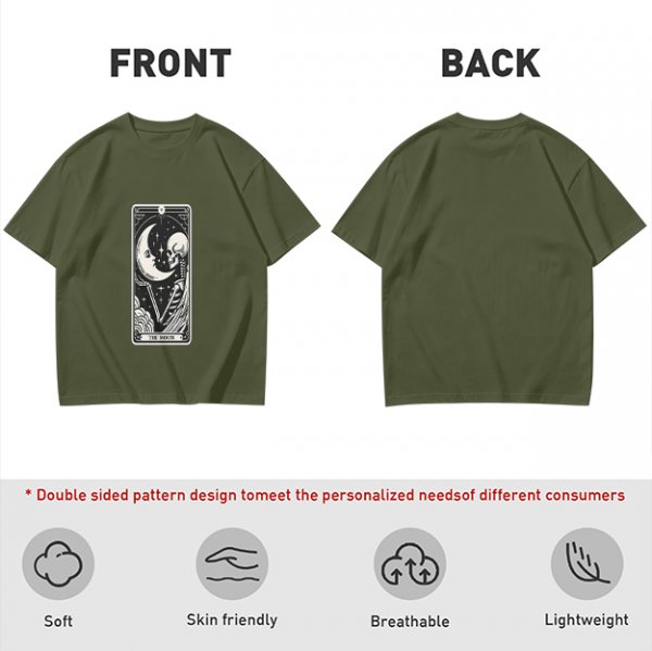 Olive t-shirt with The Moon tarot card skeleton and crescent moon print