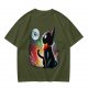 Olive T-shirt with black cat watching moon witch silhouette print