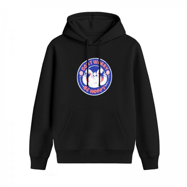 Black hoodie with 'Don't Worry Be Hoppy' bunny graphic