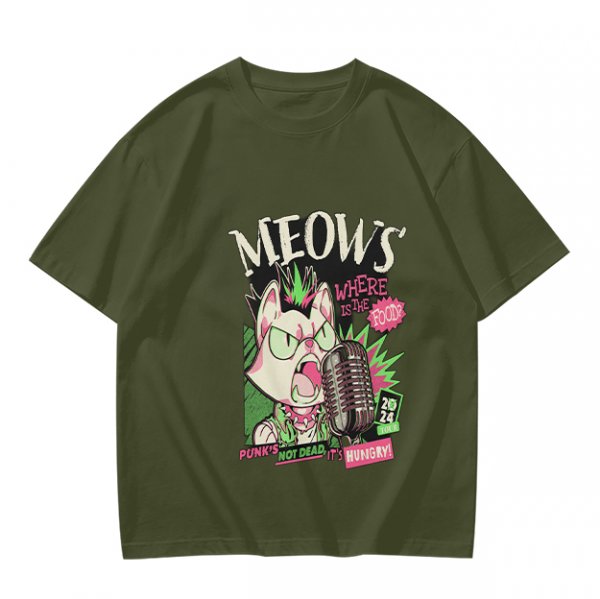 Olive T-Shirt with Punk Rock Cat Singing Microphone Graphic