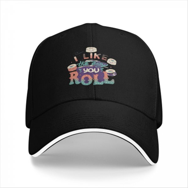 Black baseball cap with sushi graphic and 'I Like The Way You Roll' text