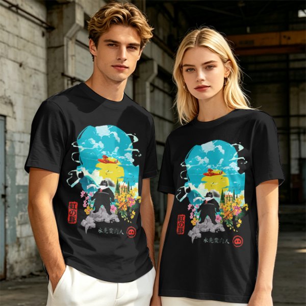 Olive T-shirt with anime pig pilot and seaplane graphic