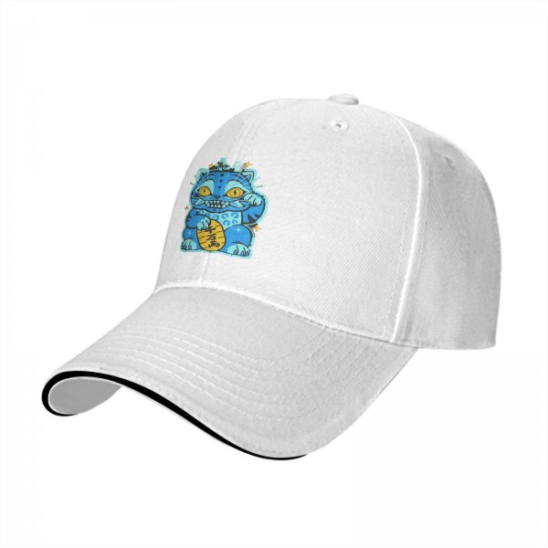Black Baseball Cap With Blue Maneki-Neko Lucky Cat Graphic