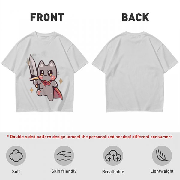 Olive T-shirt with cute warrior cat holding a sword graphic