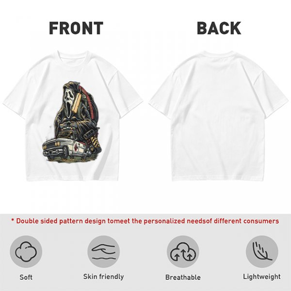 Olive T-shirt with Ghostface driving a Ghostbusters-style car graphic