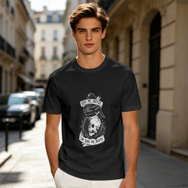 Olive Graphic T-Shirt With Give Me Coffee Or Death Skull Print