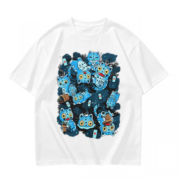 Olive T-Shirt With Playful Blue Cat Character Print