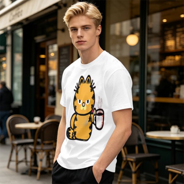 Olive T-Shirt With Grumpy Orange Cat Holding Hot Coffee Print
