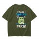 Olive t-shirt with 'I think I think too much' anxious frog print