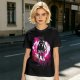 Olive anime cat character graphic t-shirt with pink abstract background
