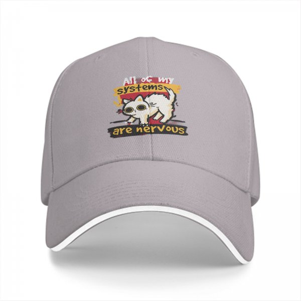 Black baseball cap with nervous cat 'all of my systems are nervous' print