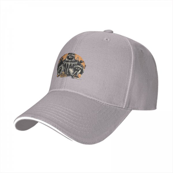 Black baseball cap with raccoons in trash graphic design