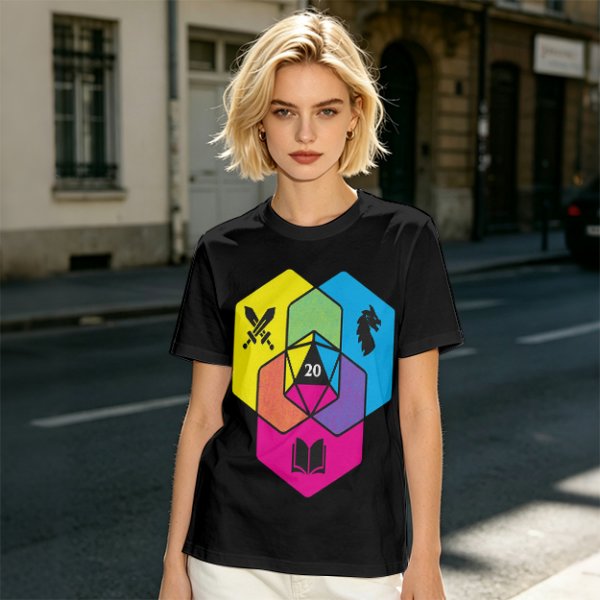 Olive T-Shirt With D20 And Fantasy RPG Themed Hexagon Art